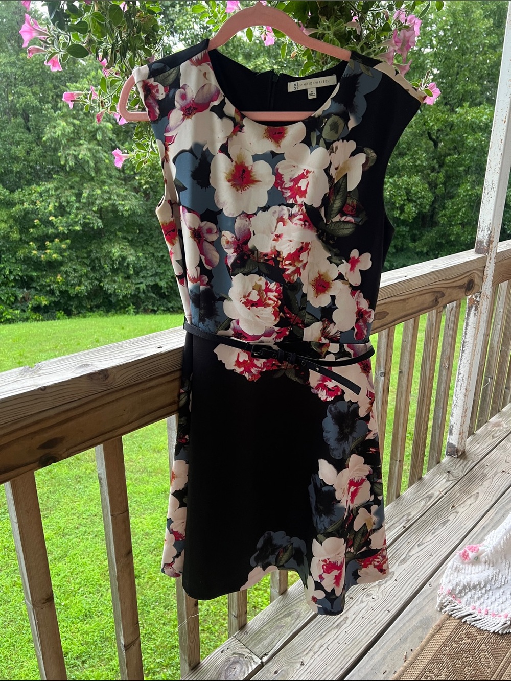 Floral Belted Black Mini Dress with Pink & Cream Blooms